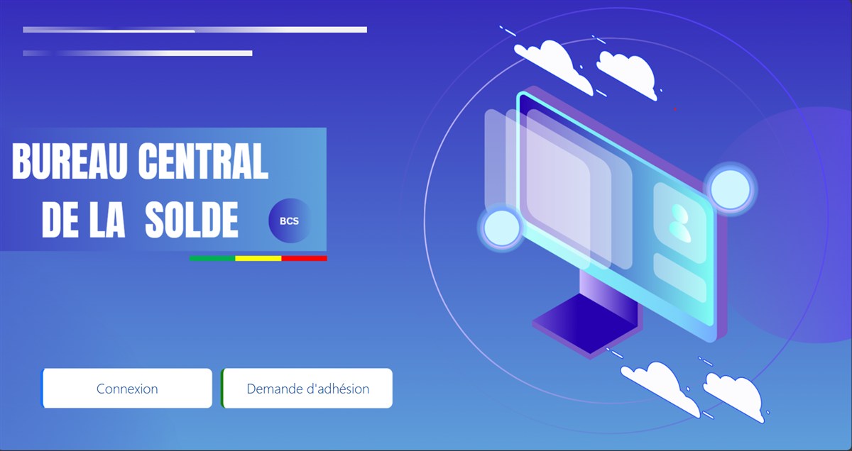 Page d’accueil web du Bureau central de la solde avec connexion et demande d’adhésion