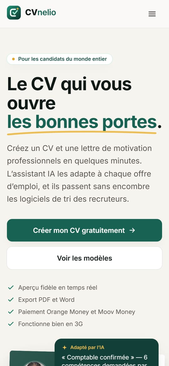 CVnelio affiché sur un téléphone