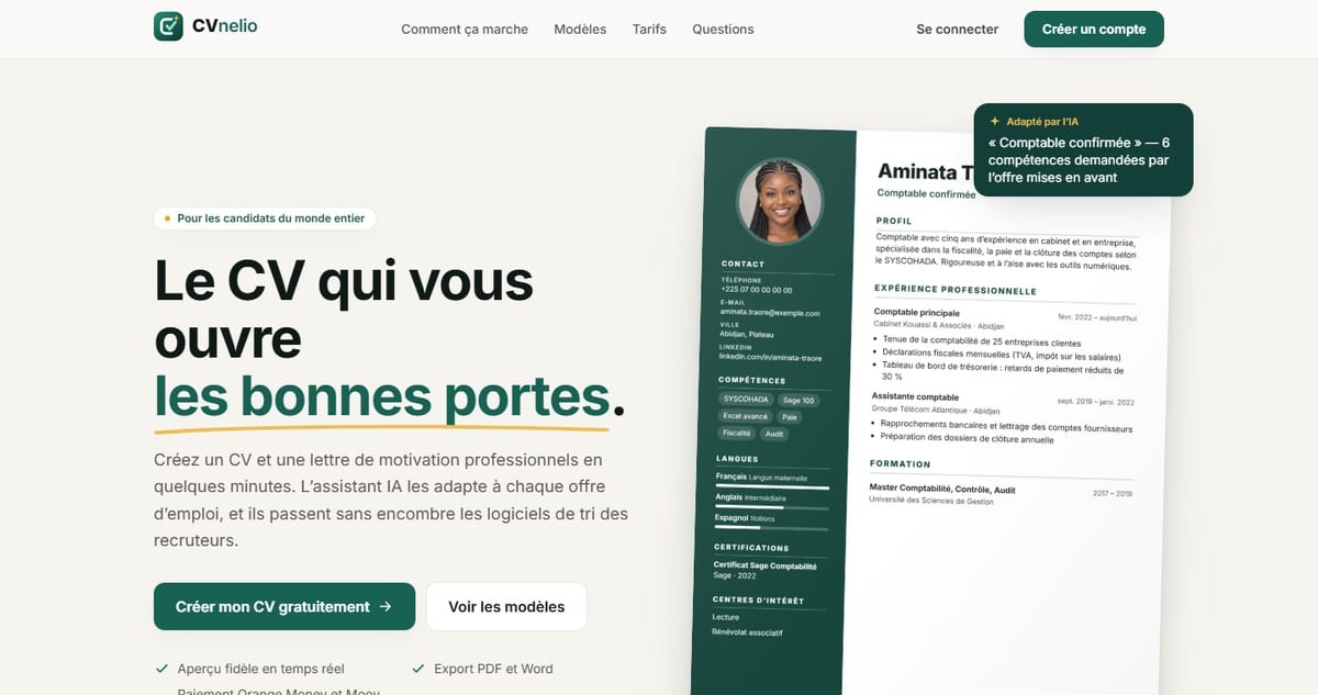 Page d’accueil de CVnelio présentant un CV professionnel et l’assistant IA