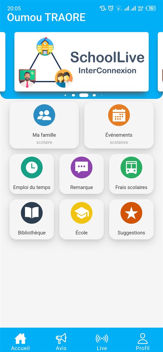 Accueil mobile SchoolLive avec les rubriques de suivi scolaire